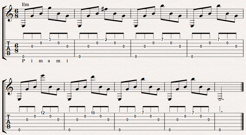 Fingerpicking Pattern Ex#1 – Six notes fingerpicking pattern in E